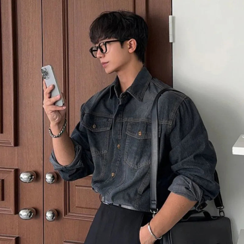 Men's Denim Shirt Solid Color Male Spring Single Breasted Shirts New Korean Turn-down Collar Loose Trendy Top 9W1450