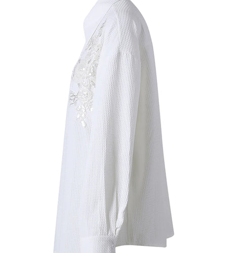 Women White Sequins Flower Big Size Elegant Blouse New Lapel Long Sleeve Shirt Fashion Tide Spring Autumn 2025 CPG2805