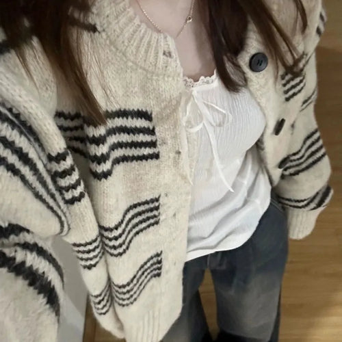 Load image into Gallery viewer, Patchwork Contrast Color Striped Knitted Cardigans Women Y2k Aesthetic Single Breasted Coats New Streetwear Casual Loose Sweater
