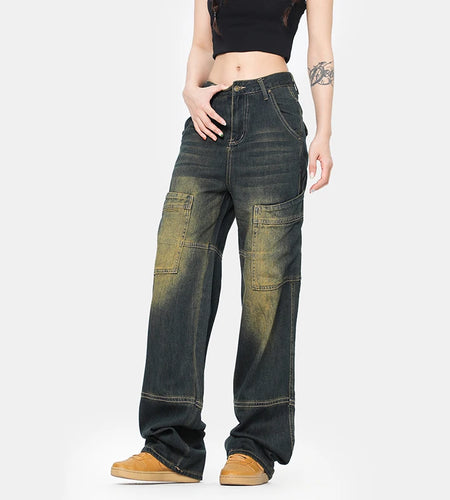 Men's Cargo Jeans Straight Wide Leg Loose Trendy Gradient Color Stylish New Summer American Style Male Trousers 9W1966