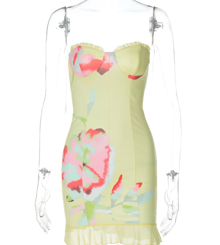 Elegant Floral Print Strapless Ruffles Patchwork Sexy Bodycon Mini Dress Summer Women Y2K Clothes Party Beach Festival