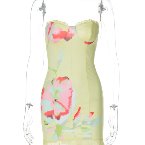 Load image into Gallery viewer, Elegant Floral Print Strapless Ruffles Patchwork Sexy Bodycon Mini Dress Summer Women Y2K Clothes Party Beach Festival
