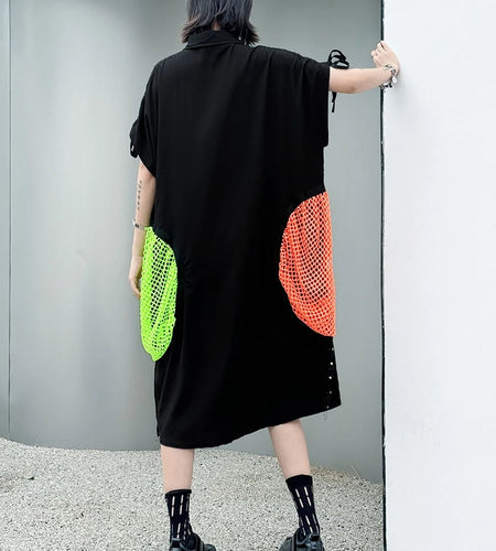 Women Black Color-block Grid Pocket Big Size Shirt Dress New Lapel Short Sleeve Fashion Tide Spring Summer 2025 1DJ1332