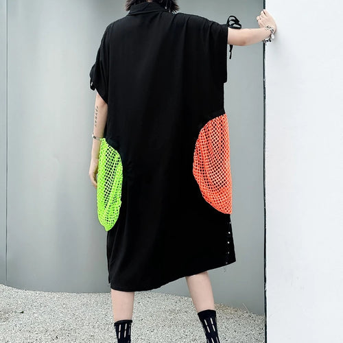 Load image into Gallery viewer, Women Black Color-block Grid Pocket Big Size Shirt Dress New Lapel Short Sleeve Fashion Tide Spring Summer 2025 1DJ1332
