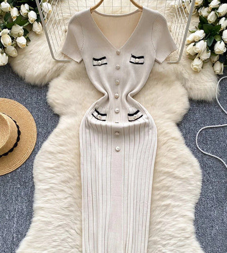 Korean Fashion Women's Solid V Neck Elegant Slim Short Sleeved Dress Summer Single Breasted Office Lady Holiday Knitted Dresses