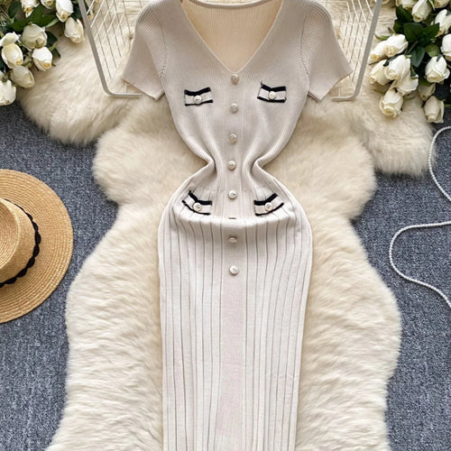 Load image into Gallery viewer, Korean Fashion Women's Solid V Neck Elegant Slim Short Sleeved Dress Summer Single Breasted Office Lady Holiday Knitted Dresses
