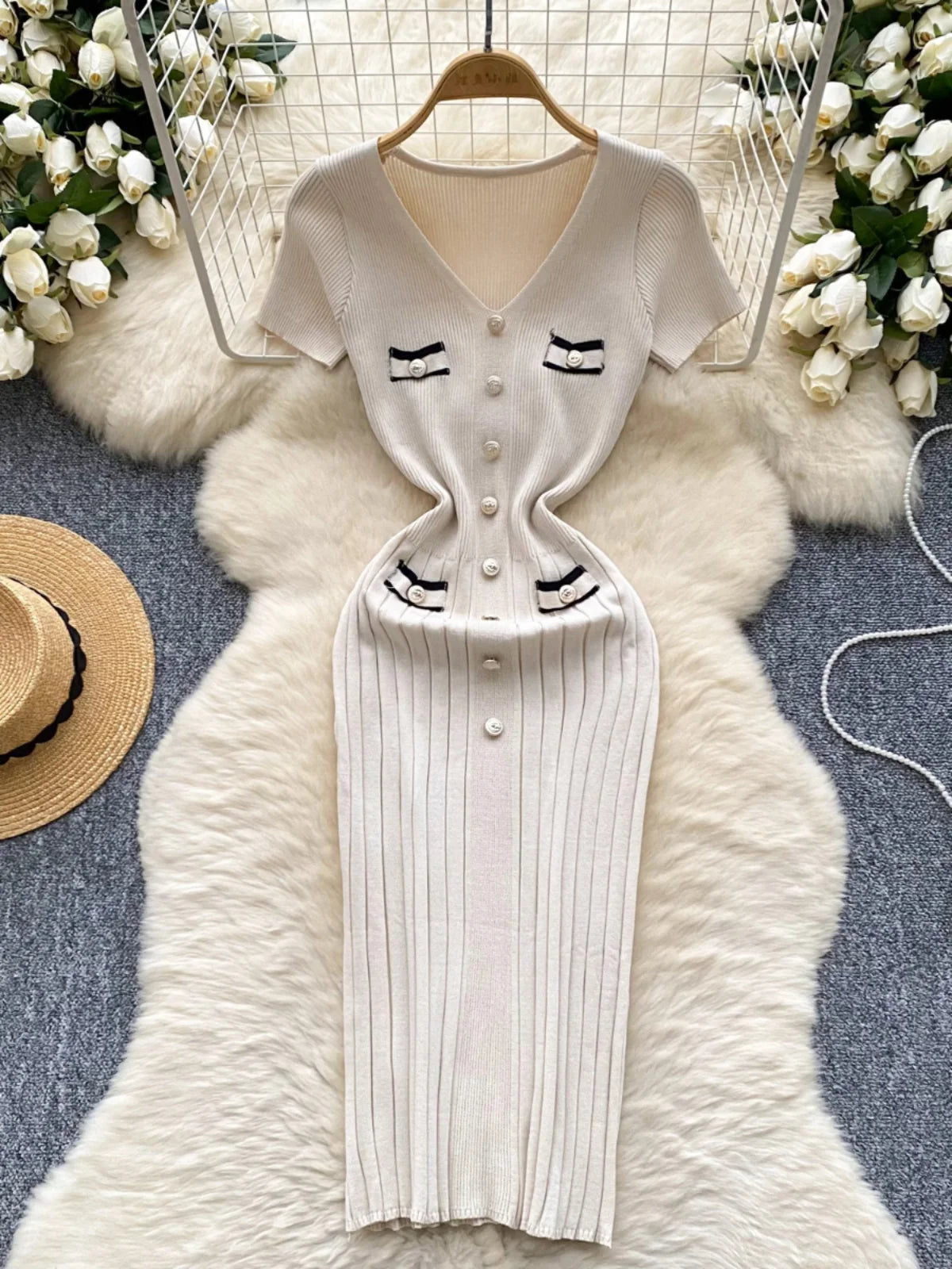 Korean Fashion Women's Solid V Neck Elegant Slim Short Sleeved Dress Summer Single Breasted Office Lady Holiday Knitted Dresses