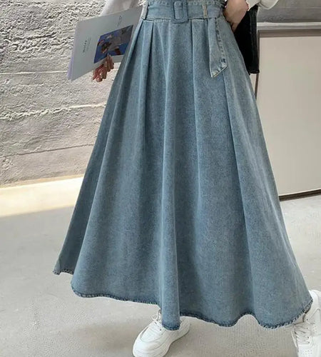 Korean Vintage Blue Vacation Trendy Pleated Denim Skirt Women's 2024 Autumn Winter Elegant High Waist Jean Long Skirt Streetwear