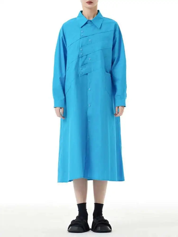 Women Rose Red Button Design Big Size Midi Shirt Dress New Lapel Long Sleeve Fashion Tide Spring Autumn 2025 1DH5165