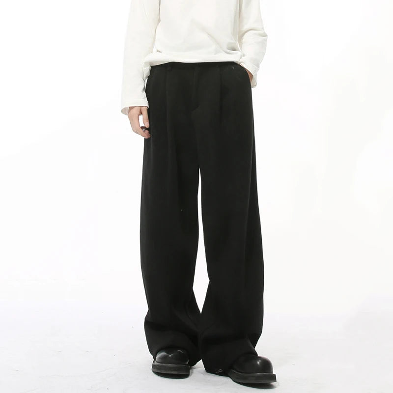 Korean Style Men's Casual Pants Woolen Solid Color Pleated Trousers Straight Wide Leg Loose Male Bottom New Winter 9C9212