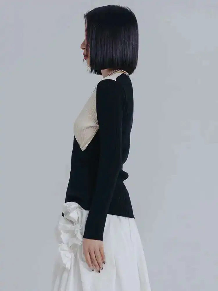 Irregular Color-block Knitting Sweater Fit V-Neck Long Sleeve Women Pullovers New Fashion Tide Autumn Winter 2025 1DE6584