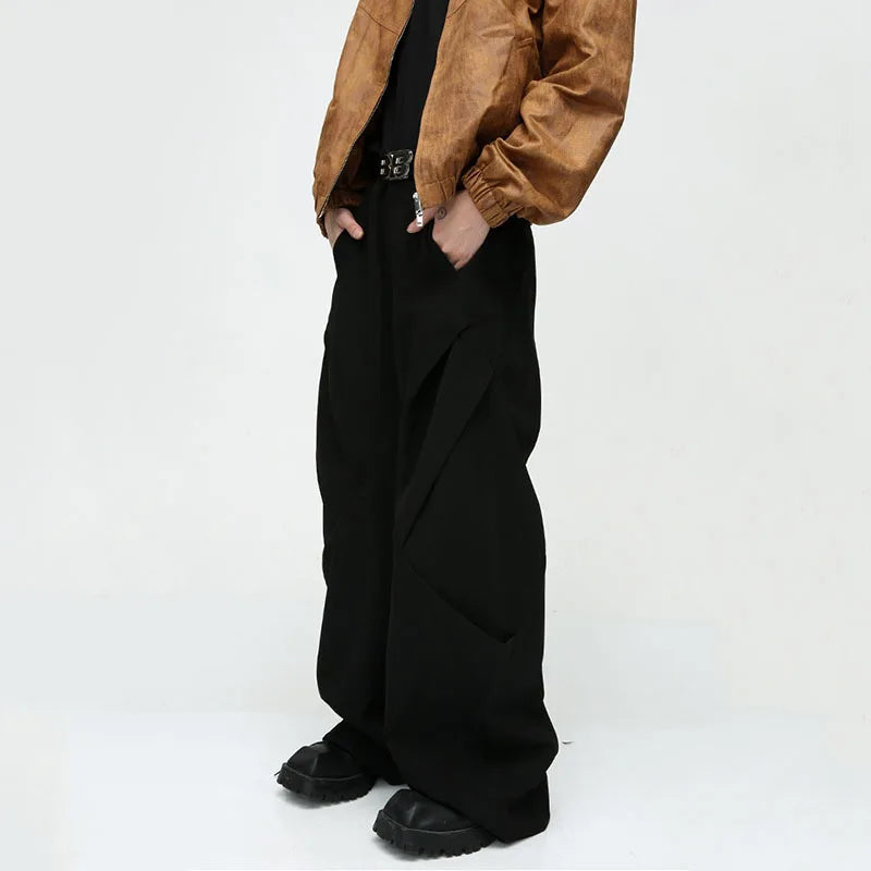 Men's Trousers Solid Color Niche Design Pleated Splice Loose Casual Baggy Pant Trend Male Wide Leg Fold Streetwear 9C3088