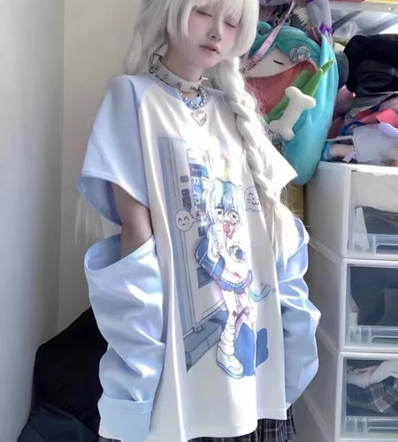 Japanese Oversized T Shirts Women's Clothing Summer Camisetas Short Sleeve Anime Print Tees Y2k Tops Casual Fashion T-shirts