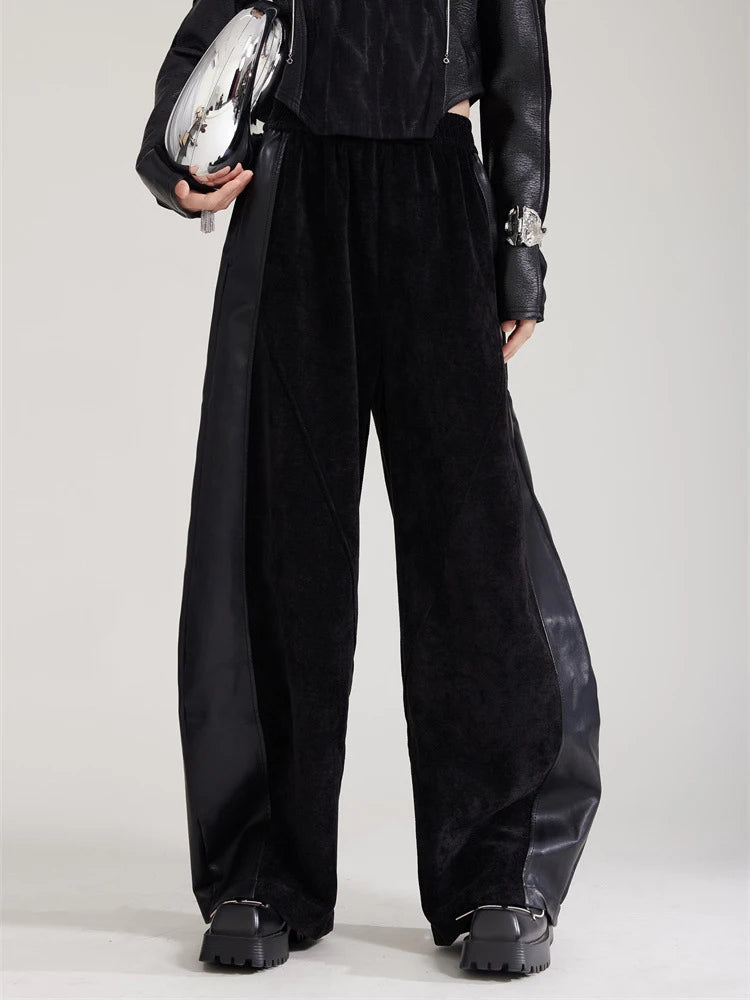 High Elastic Waist Coffee Pu Leather Spliced Wide Leg Pants New Trousers Women Fashion Tide Spring Autumn 2025 1DH8028