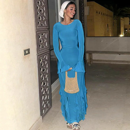 Load image into Gallery viewer, Lace-up Long Flare Sleeve Maxi Dress For Women Gown Autumn New Fashion O Neck Loose Ruffled Sexy Long Dress Elegant
