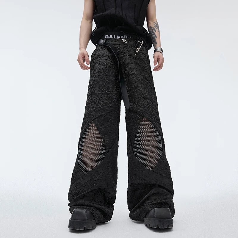 Men's Suit Pants Niche Design Three Dimensional Pleated  Mesh Hollow-out Splicing Loose Trousers Wide Leg Fashion 24Y166