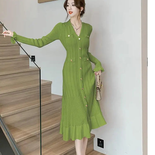 Load image into Gallery viewer, Autumn French Solid V-neck Elegant Ruffles Knit Dress Women Slim Long Sleeve Single Breast Fishtail Dress 2024 New Fashion Trend
