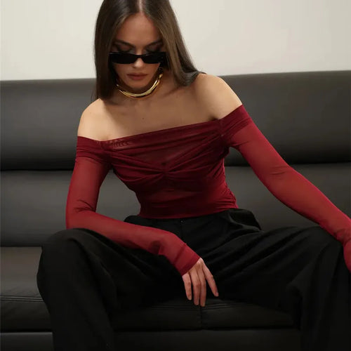 Load image into Gallery viewer, Summer Mesh Off-shoulder T-shirt Women Fashion Pleated Bust Backless Tees Tops Female Elegant Strapless See Through Top

