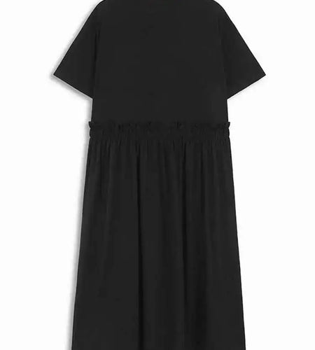 Women Black Pleated Drawstring Big Size Midi Dress New Round Neck Short Sleeve Fashion Tide Spring Summer 2025  1DH6181