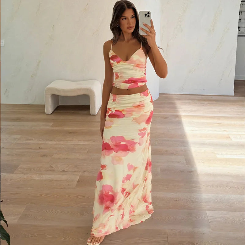 Print Sexy 2 Piece Sets Women Summer New V Neck Crop Tops And Maxi Skirt Female Elegant Club Party Slim Skirt Set