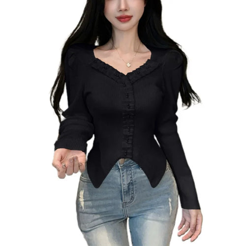 Load image into Gallery viewer, y2k Tops Women Coquette Clothing Solid Color V Neck Long Sleeve Knitted T Shirts 2000s Fairycore Clothes Streetwear
