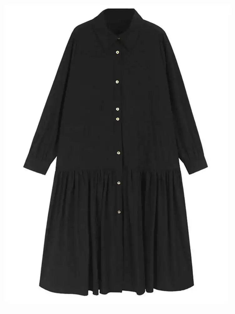 Women Black Big Size Elegant Shirt Dress Brief Pleated Hem New Lapel Long Sleeve Fashion Tide Spring Autumn 2025 1DH9327
