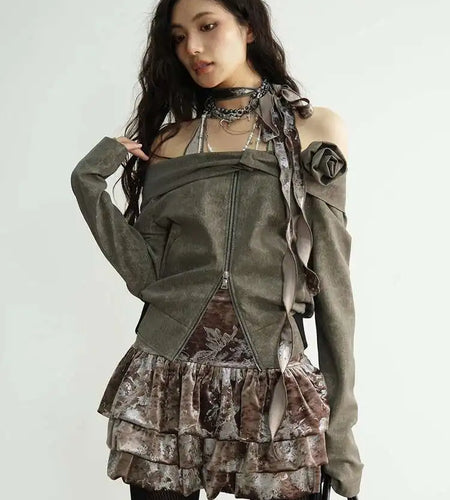 Coffee Three-dimensional Flower Elegant Jacket New Slash Neck Long Sleeve Women Coat Fashion Spring Autumn 2025 1DH8263