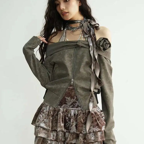 Load image into Gallery viewer, Coffee Three-dimensional Flower Elegant Jacket New Slash Neck Long Sleeve Women Coat Fashion Spring Autumn 2025 1DH8263
