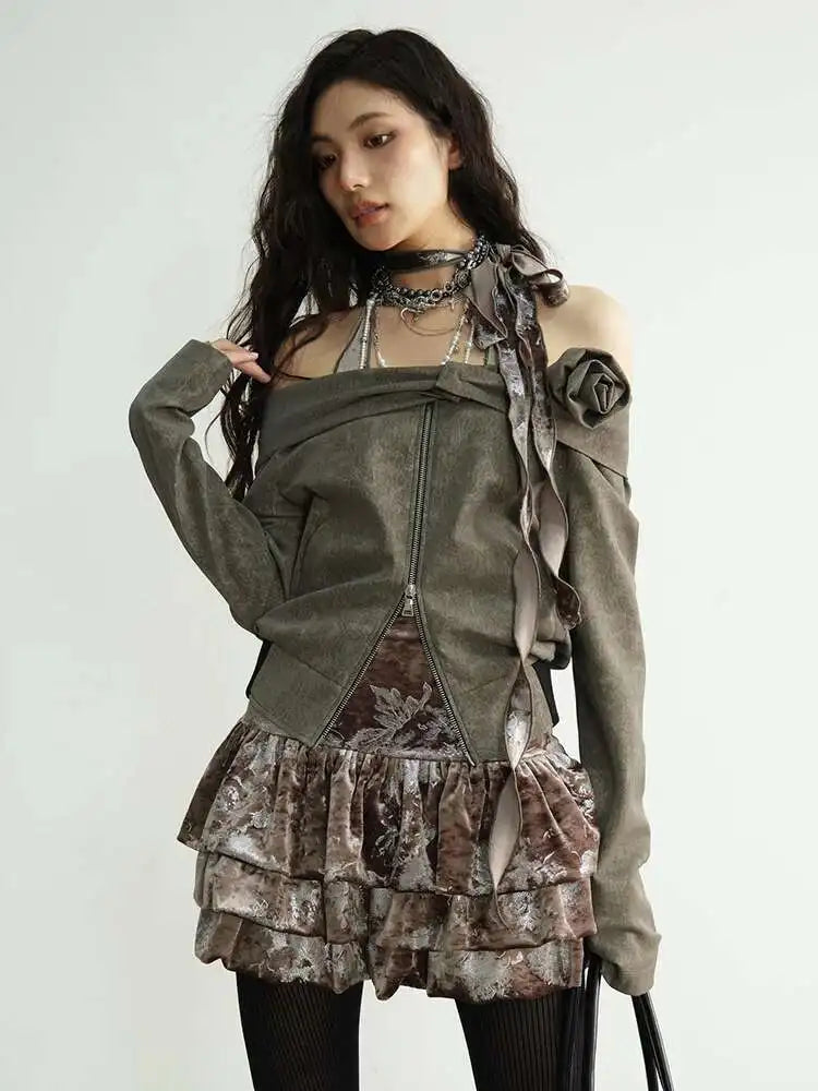 Coffee Three-dimensional Flower Elegant Jacket New Slash Neck Long Sleeve Women Coat Fashion Spring Autumn 2025 1DH8263