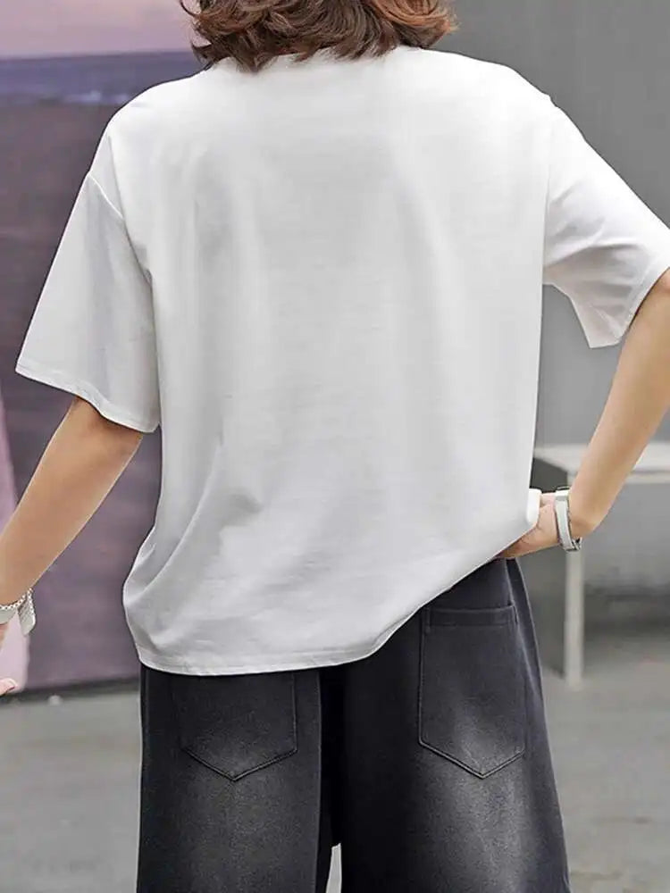 Women Black Irregular Hem Zipper Big Size Casual T-shirt New Round Neck Short  Sleeve Fashion Spring Summer 2025 1DJ0619