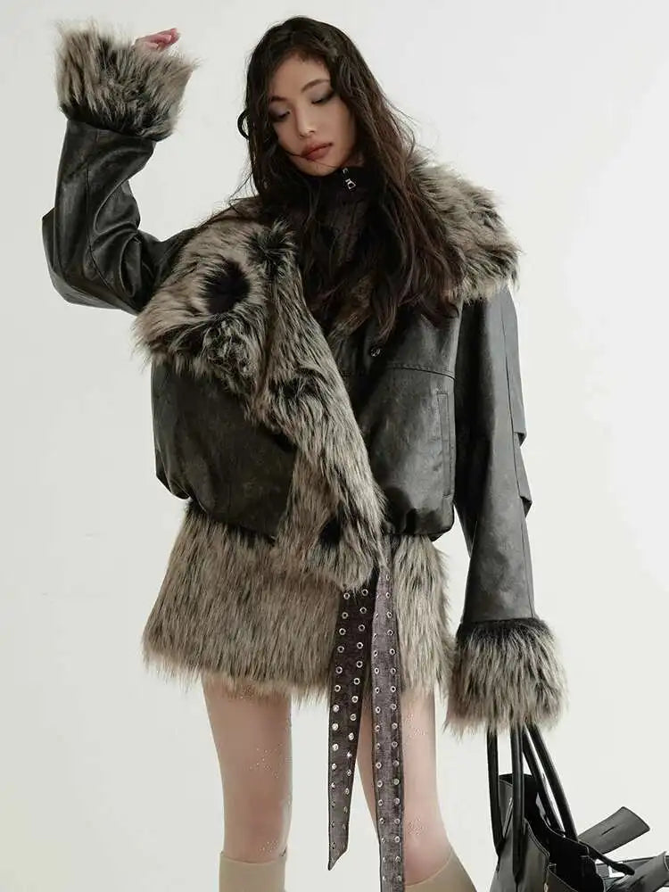 Women Gray Fur Spliced Bandage Elegant Mini Dress New Turtleneck Sleeveless Fashion Tide Spring Autumn 2025 1DH9342