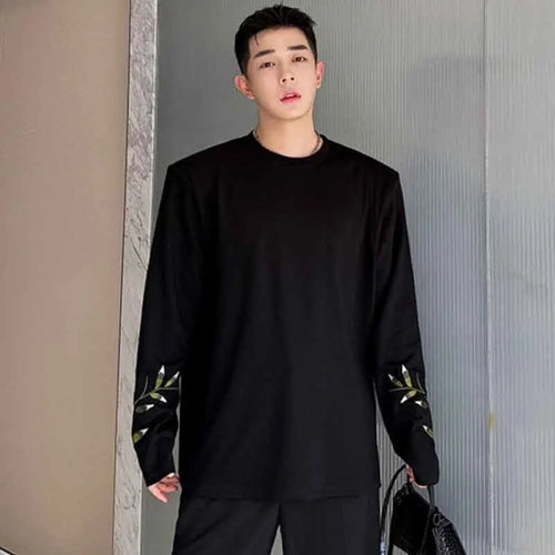 Load image into Gallery viewer, Chinese Style Men&#39;s T-shirt Chic Embroidery Contrast Color Round Neck Male Long Sleeve Tops Casual Autumn 9C4634
