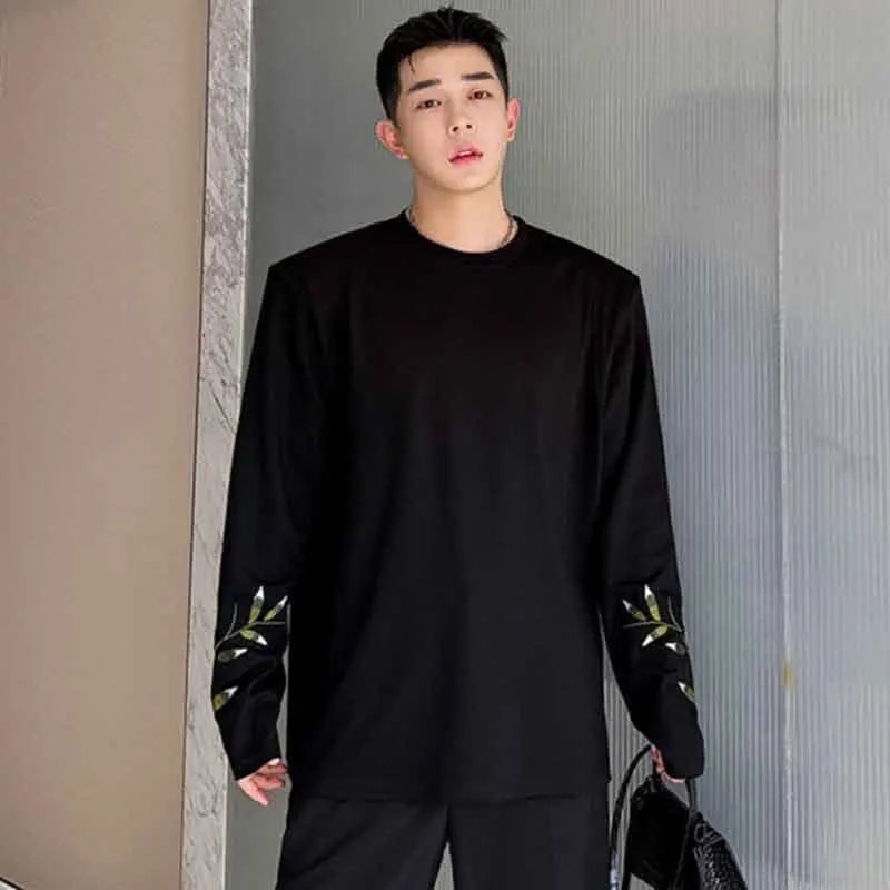 Chinese Style Men's T-shirt Chic Embroidery Contrast Color Round Neck Male Long Sleeve Tops Casual Autumn 9C4634