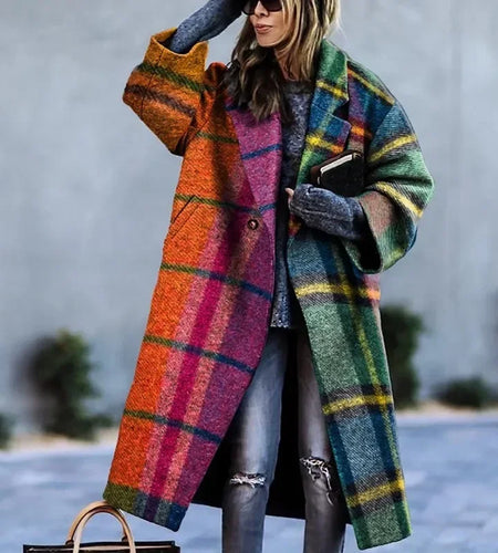 Winter Long Coats for Woman 2024 Contrast Plaid Long Sleeves Women's Loose Streetwear Coat Woolen Coat  Jacket Female