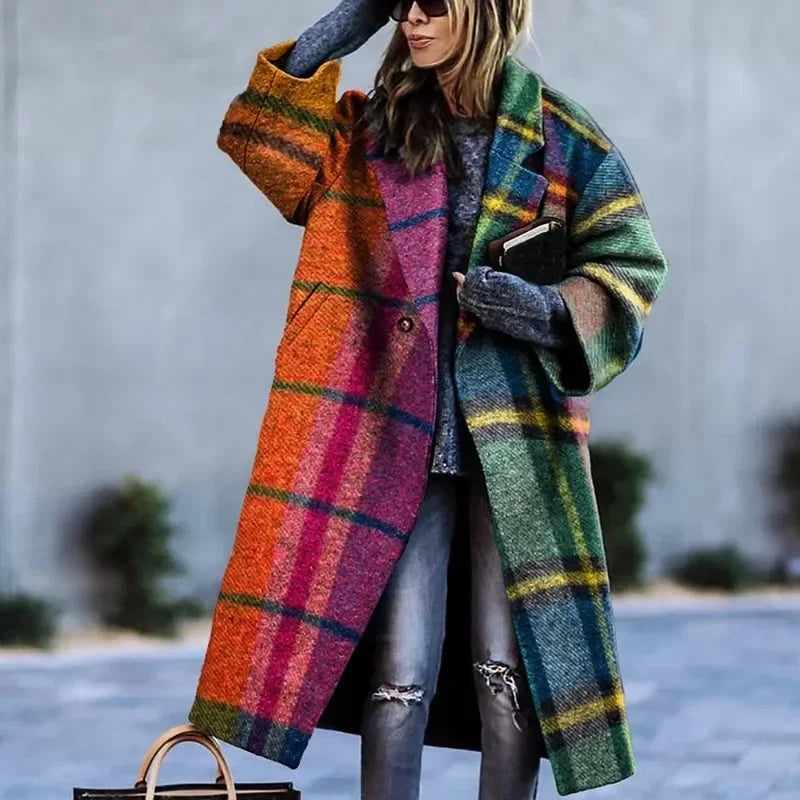Winter Long Coats for Woman 2024 Contrast Plaid Long Sleeves Women's Loose Streetwear Coat Woolen Coat  Jacket Female