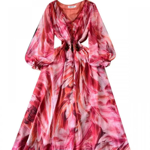 Load image into Gallery viewer, French Women Print Sequin Evening Party Dress Autumn V Neck Elegant Lantern Long Sleeved Temperament Pleated Dress Bohemian Chic
