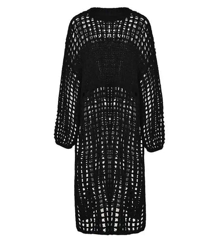 Women Black Knittng Hollow Out Big Size Long Dress New Round Neck Long Sleeve Fashion Tide Spring Autumn 2025 5WA10401