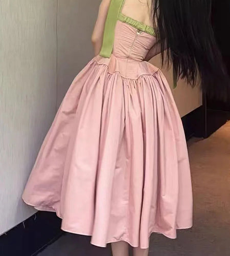 Hit Color Spliced Bowknot Sweet Long Dresses for Women V Neck Sleeveless High Waist Patchwork Ruffles Dress Female