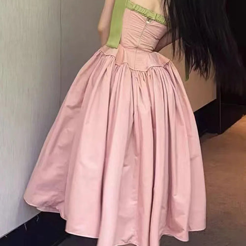 Load image into Gallery viewer, Hit Color Spliced Bowknot Sweet Long Dresses for Women V Neck Sleeveless High Waist Patchwork Ruffles Dress Female
