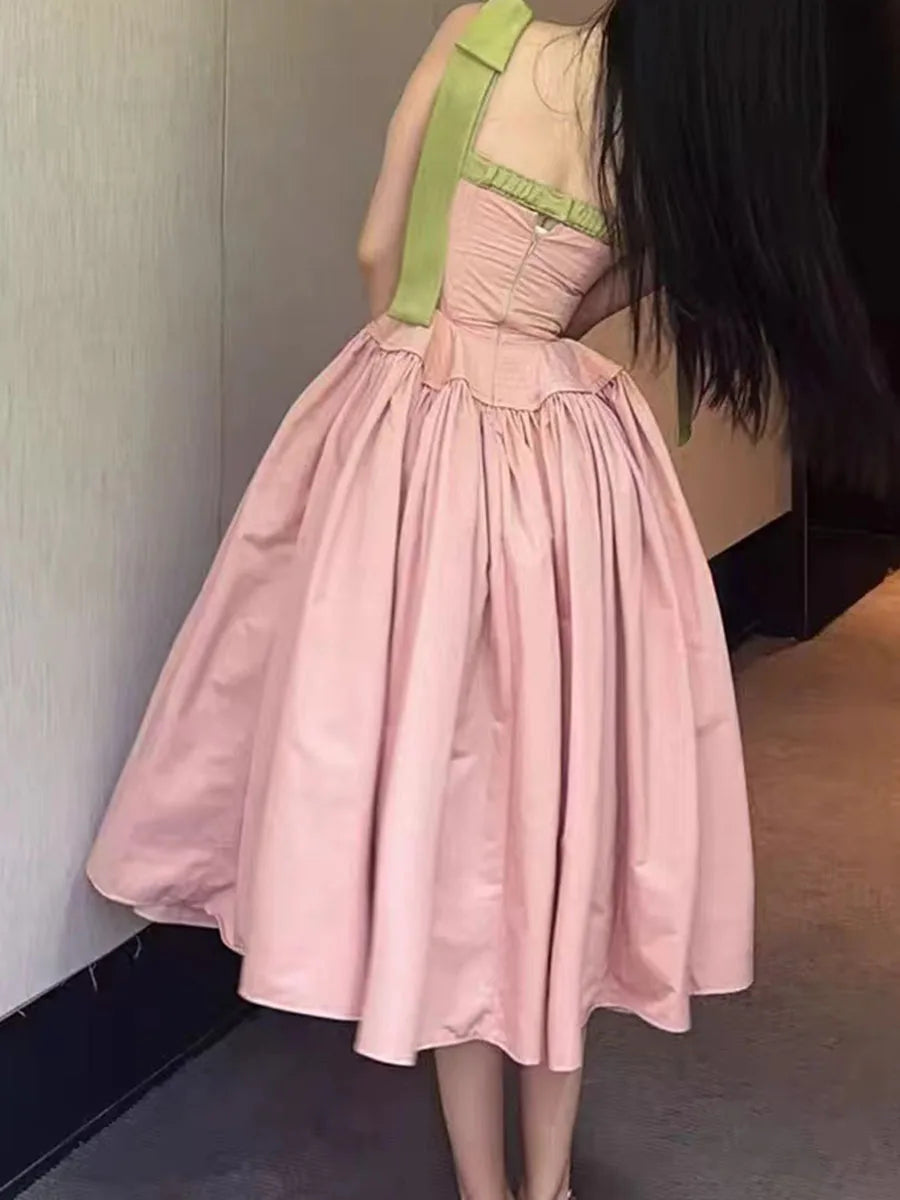 Hit Color Spliced Bowknot Sweet Long Dresses for Women V Neck Sleeveless High Waist Patchwork Ruffles Dress Female