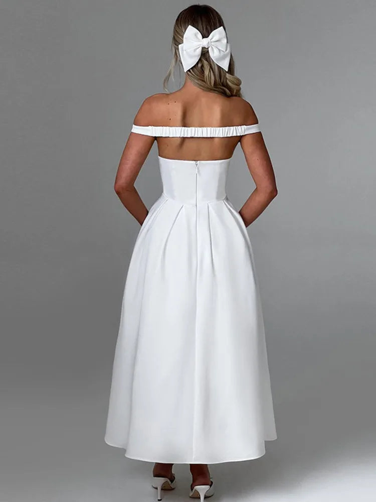 Off-shoulder Backless Pleated Maxi Dress Women Fashion Strapless Sleeveless High Waist A-line Club Long Dress Elegant