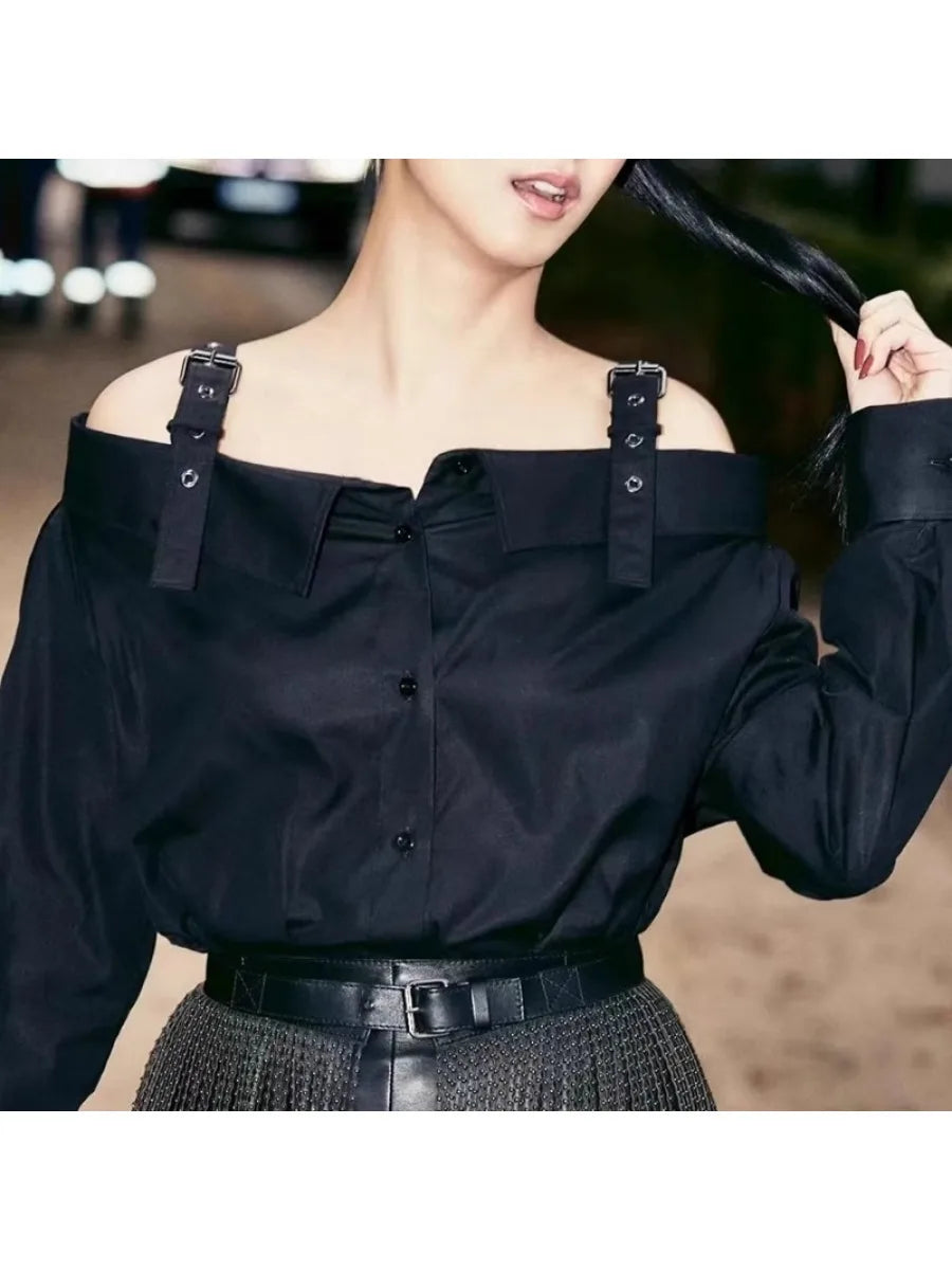 Solid Spliced Button Slimming Shirts for Women Slash Neck Long Sleeve Off Shoulder Blouse Female New