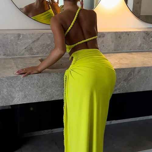 Load image into Gallery viewer, Green Sexy Two Piece Sets Women Oblique Shoulder Crop Tops And Maxi Skirt Female Thigh High Split Ruched Long Dress
