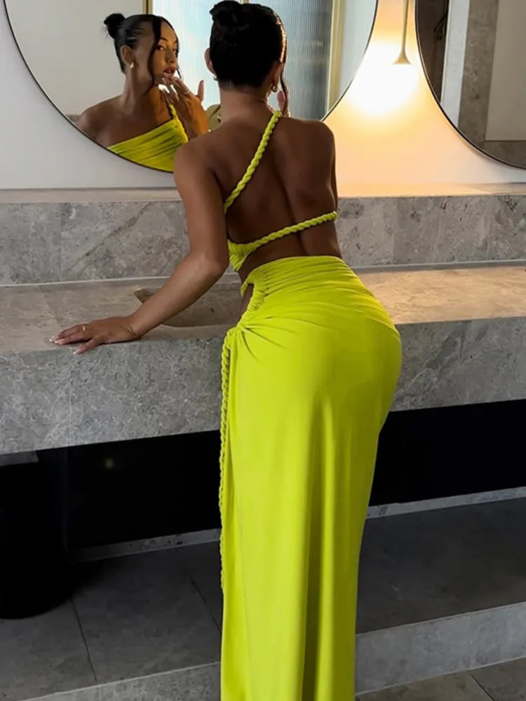 Green Sexy Two Piece Sets Women Oblique Shoulder Crop Tops And Maxi Skirt Female Thigh High Split Ruched Long Dress