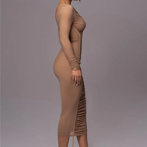 Load image into Gallery viewer, Diagonal Collar Long Sleeve Midi Dress For Women Two Layer Mesh Backless Ruched Bodycon Club Party Sexy Long Dress
