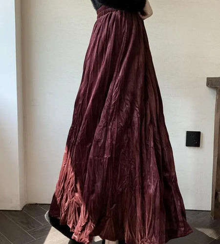 Autumn Winter Women's Black Red Elastic High Waist Velvet Skirt Korean Version Brown Elegant Vacation Party Pleated Long Skirts