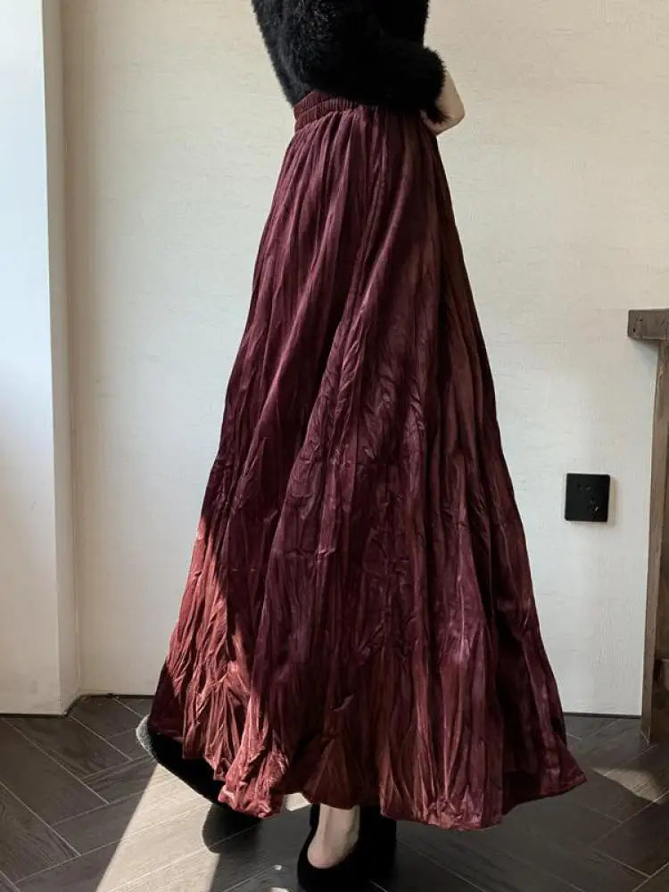 Autumn Winter Women's Black Red Elastic High Waist Velvet Skirt Korean Version Brown Elegant Vacation Party Pleated Long Skirts