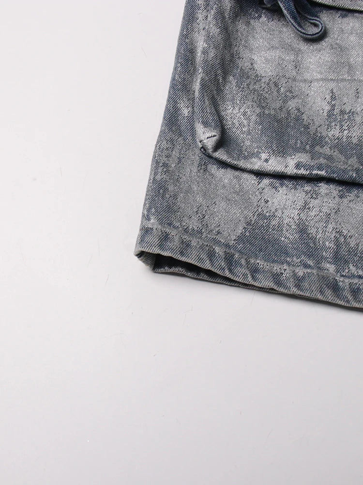 Colorblock Patchwork Pockets Streetwear Denim Pants For Women High Waist Spliced Button Loose Cargo Jeans Female