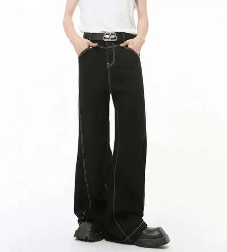 Summer New Men's Jeans Casual Bright Line Solid Color Denim Pants Straight Wide Leg Loose Male Trousers Korean Style 9C8203