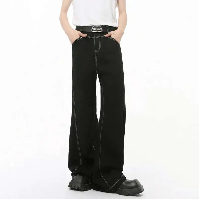 Summer New Men's Jeans Casual Bright Line Solid Color Denim Pants Straight Wide Leg Loose Male Trousers Korean Style 9C8203